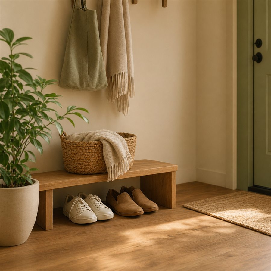 A warm home entryway with shoes, a plant, and folded blankets.