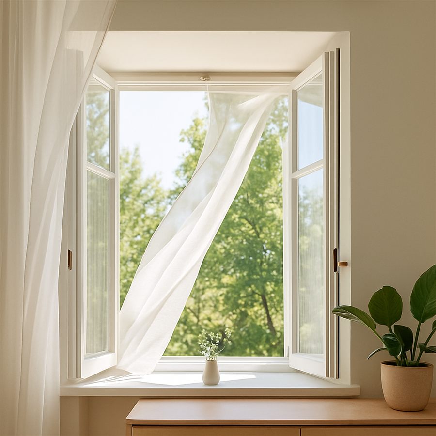 A calm room with an open window and soft daylight.