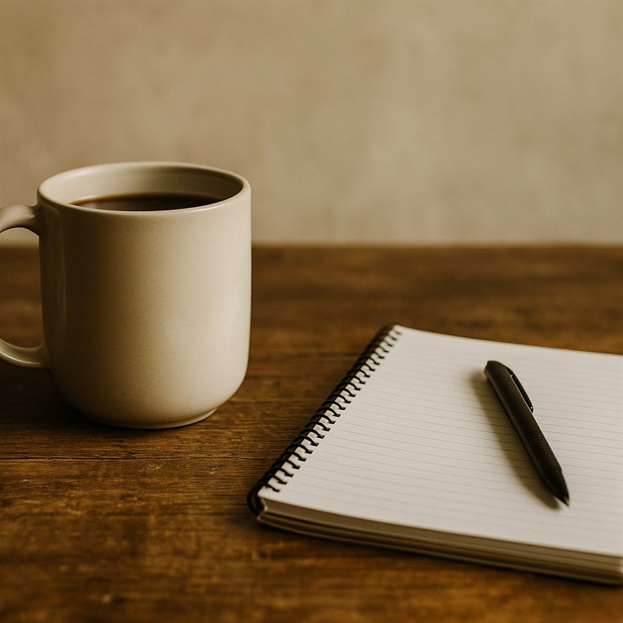 A notebook and coffee on a wooden table.